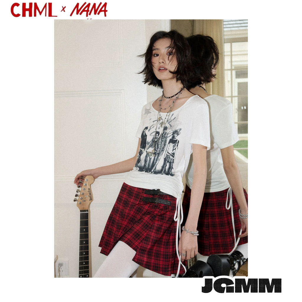 CHML×NANA聯名 第39話的樂隊成員印花 正肩 修身 抽繩 短款 T恤 短袖