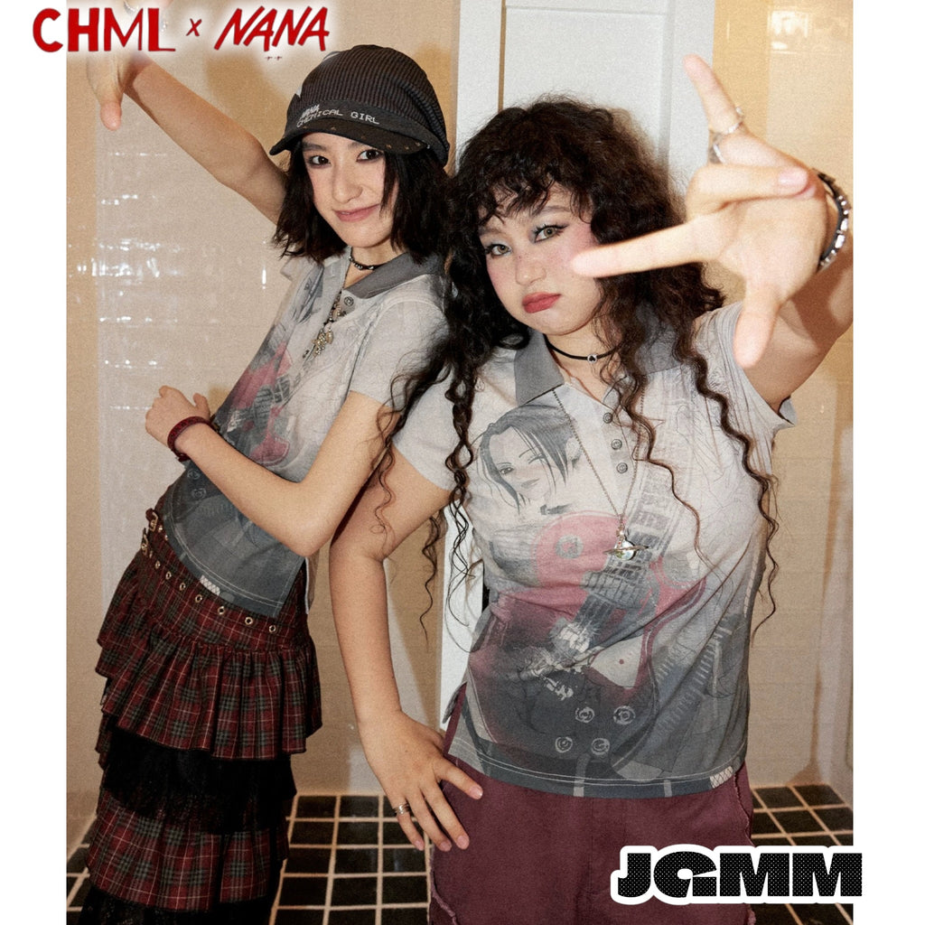 CHML×NANA聯名 作舊人像 印花小v領POLO領 修身 短袖 T恤