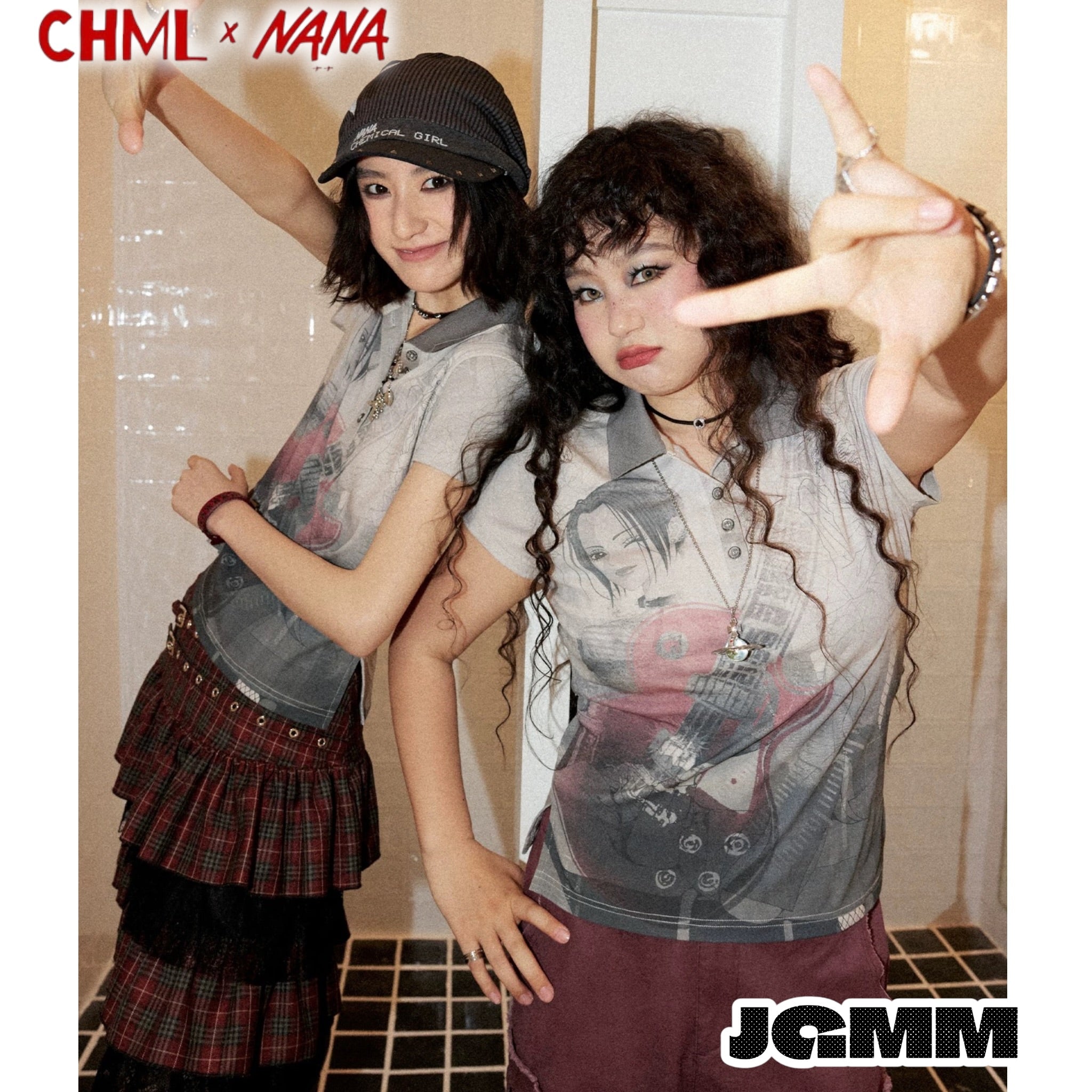 CHML×NANA聯名 作舊人像 印花小v領POLO領 修身 短袖 T恤