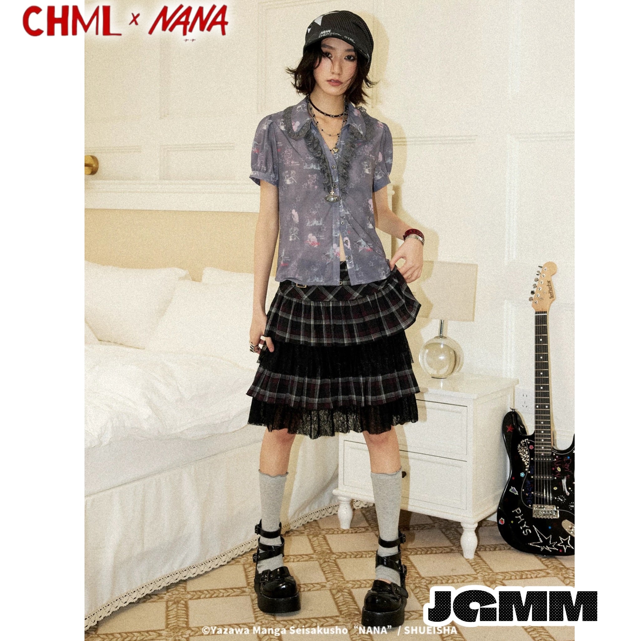 CHML×NANA聯名 復古甜酷風 蕾絲花邊設計 A字腰 短袖襯衫