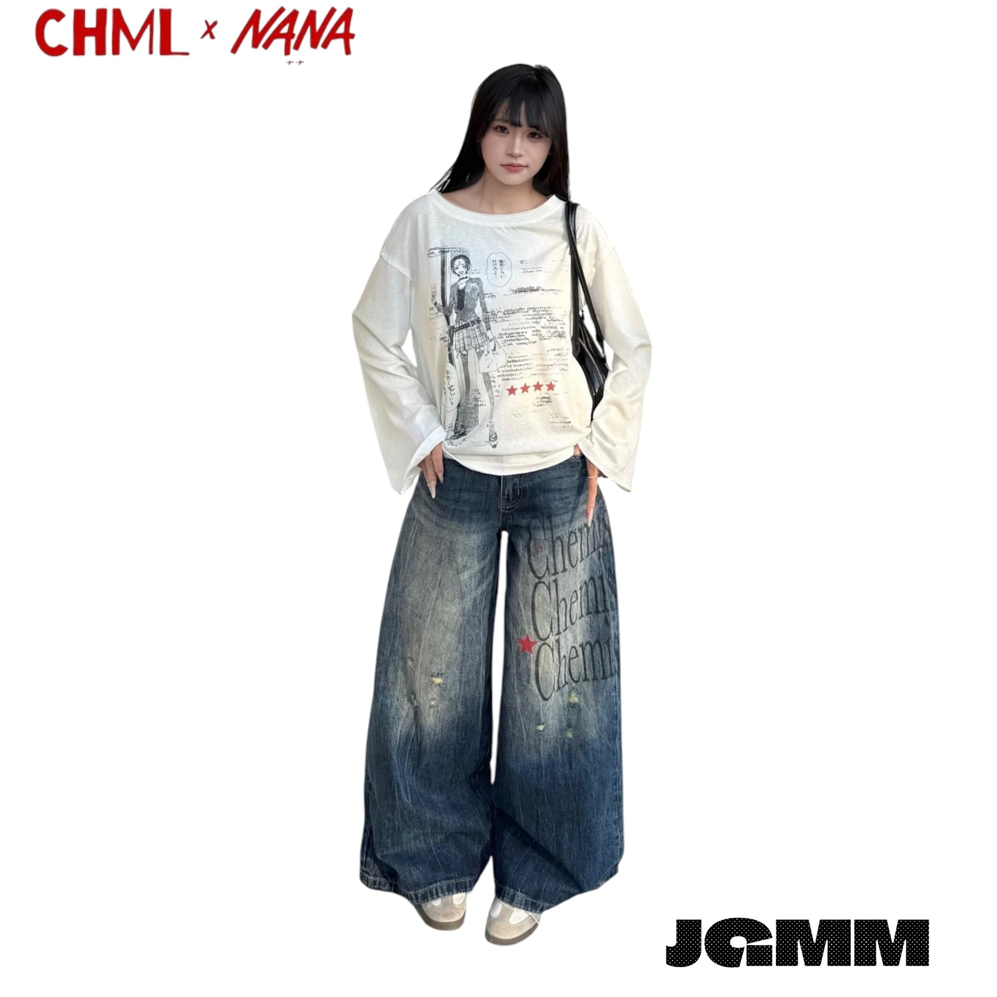 CHML ×NANA聯名 X4 擴腿褲 英文印花喇叭褲 鬆弛 牛仔褲