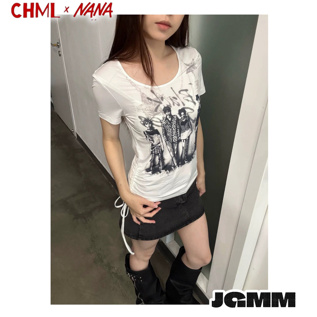 CHML×NANA聯名 第39話的樂隊成員印花 正肩 修身 抽繩 短款 T恤 短袖