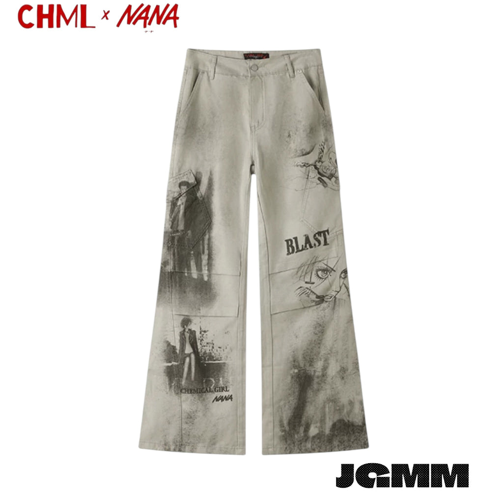 CHML×NANA聯名  復古做舊 拼貼 印花灰白色 高腰 喇叭褲