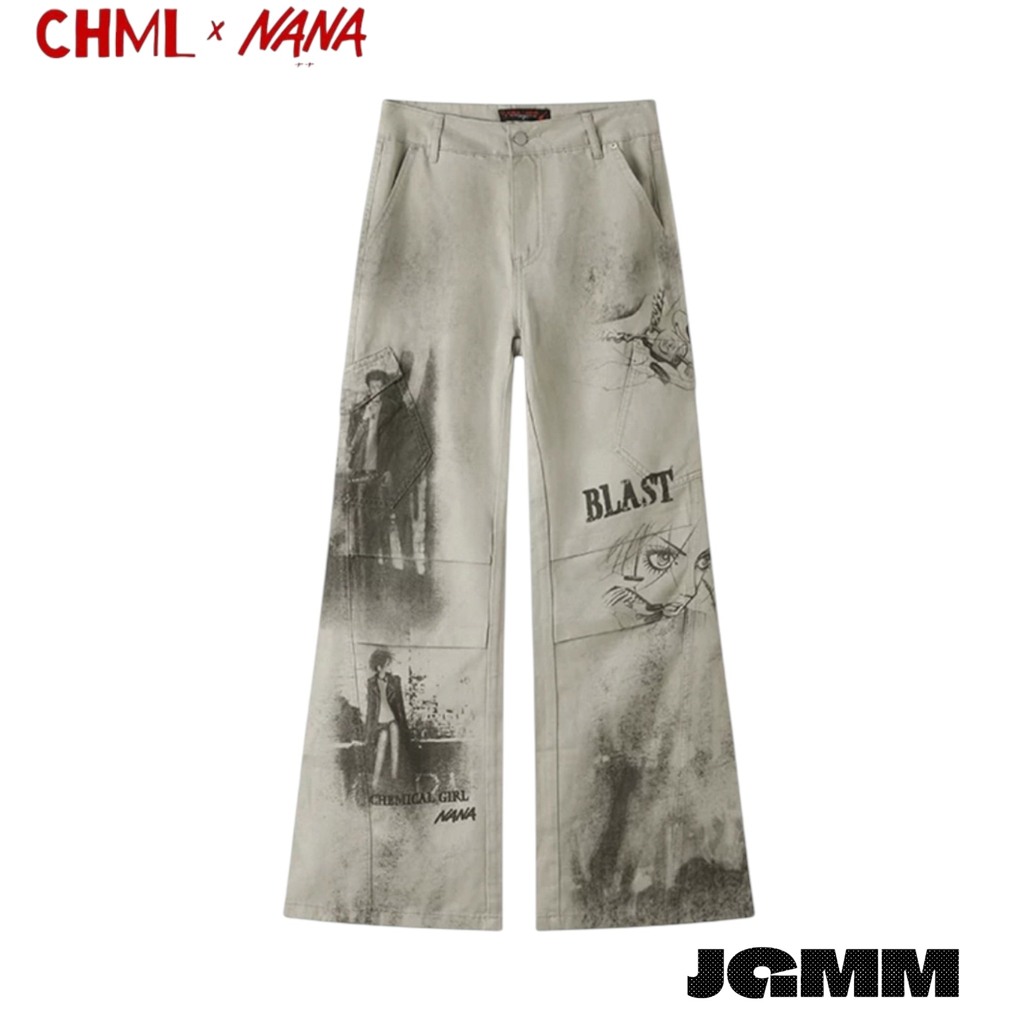 CHML×NANA聯名  復古做舊 拼貼 印花灰白色 高腰 喇叭褲