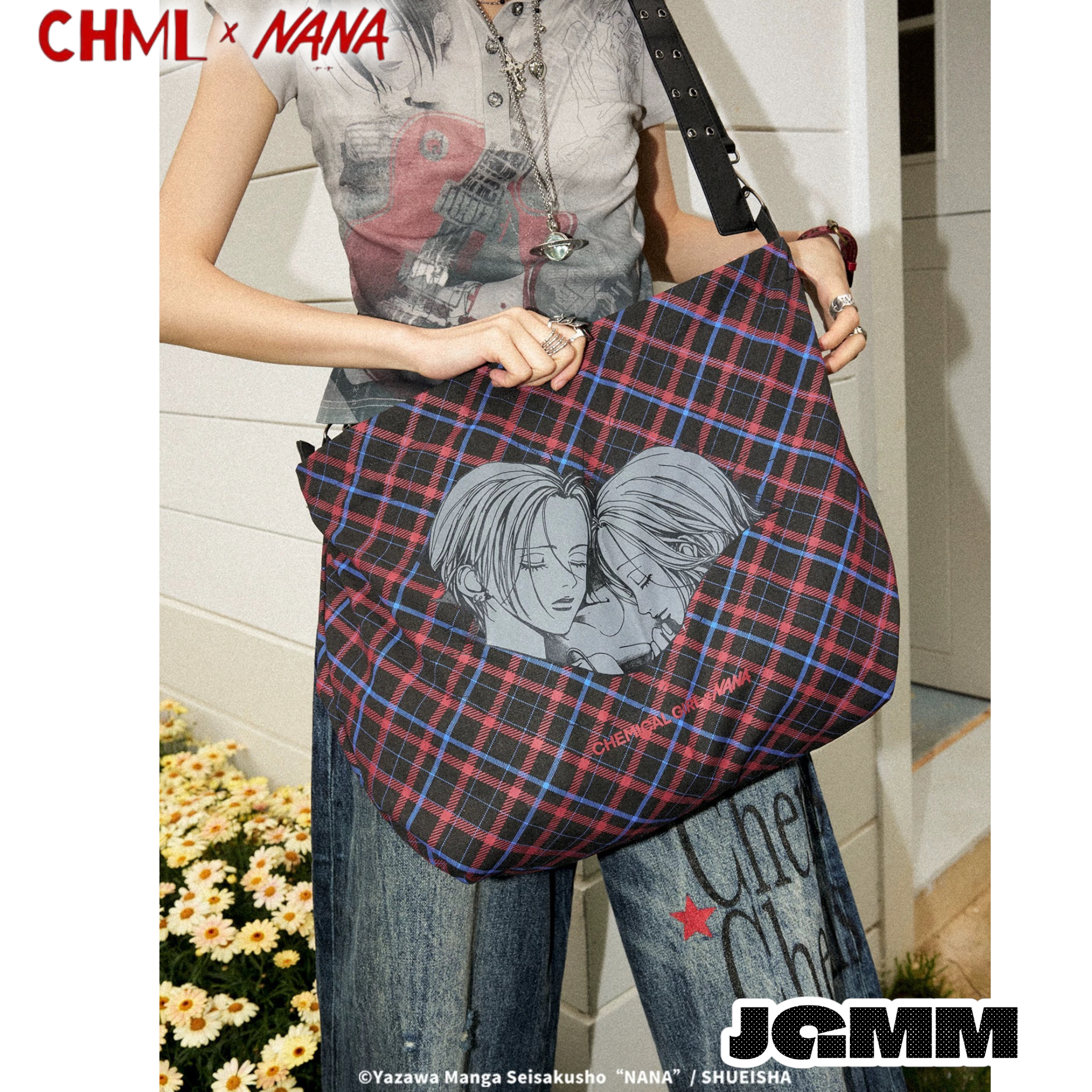 CHML×NANA聯名 復古紅藍 撞色格子單肩帆布包