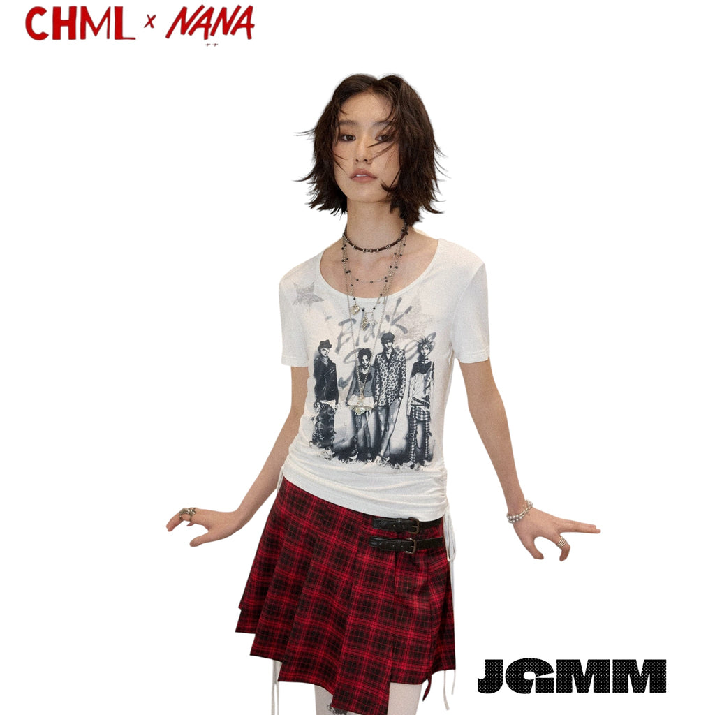 CHML×NANA聯名 第39話的樂隊成員印花 正肩 修身 抽繩 短款 T恤 短袖