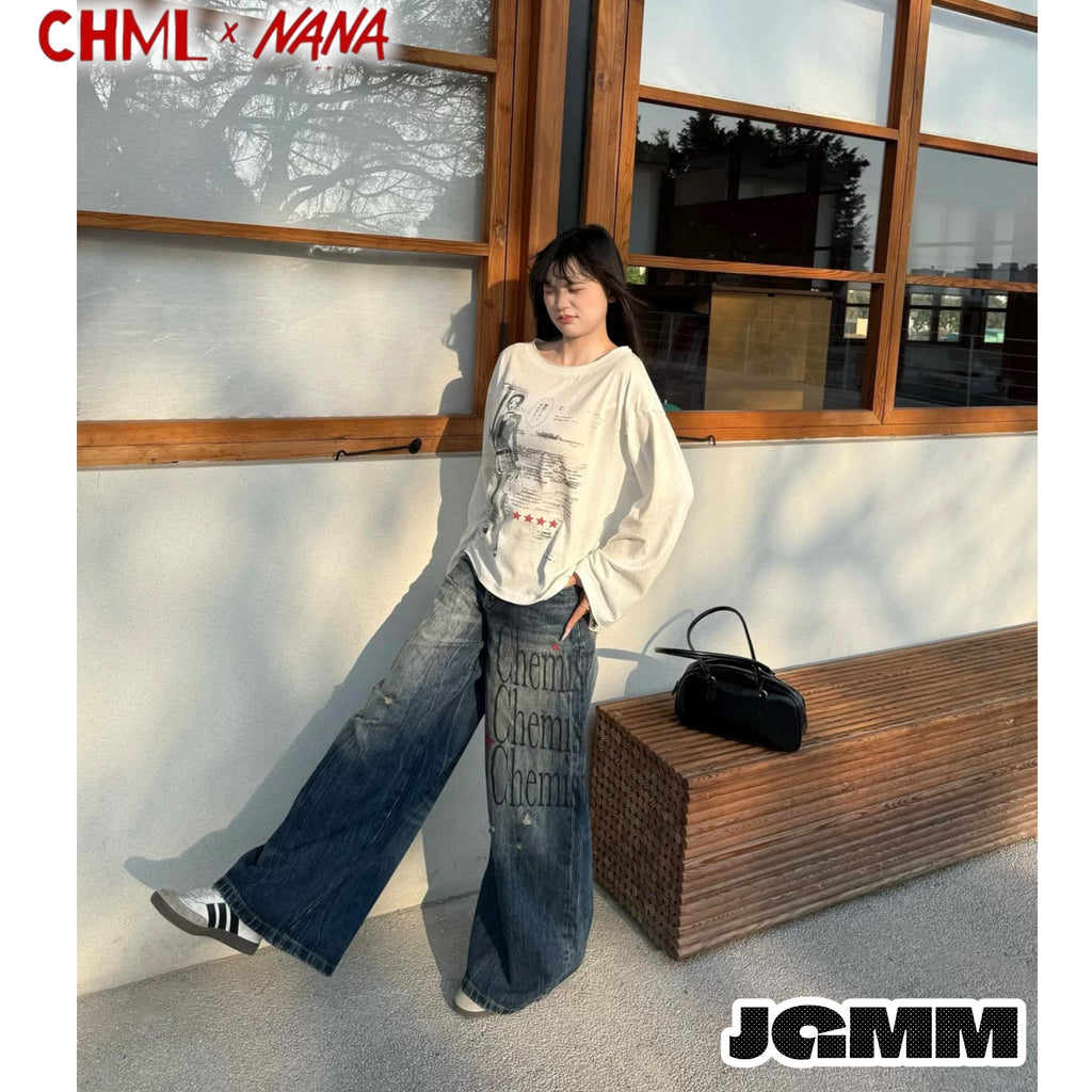 CHML ×NANA聯名 X4 擴腿褲 英文印花喇叭褲 鬆弛 牛仔褲