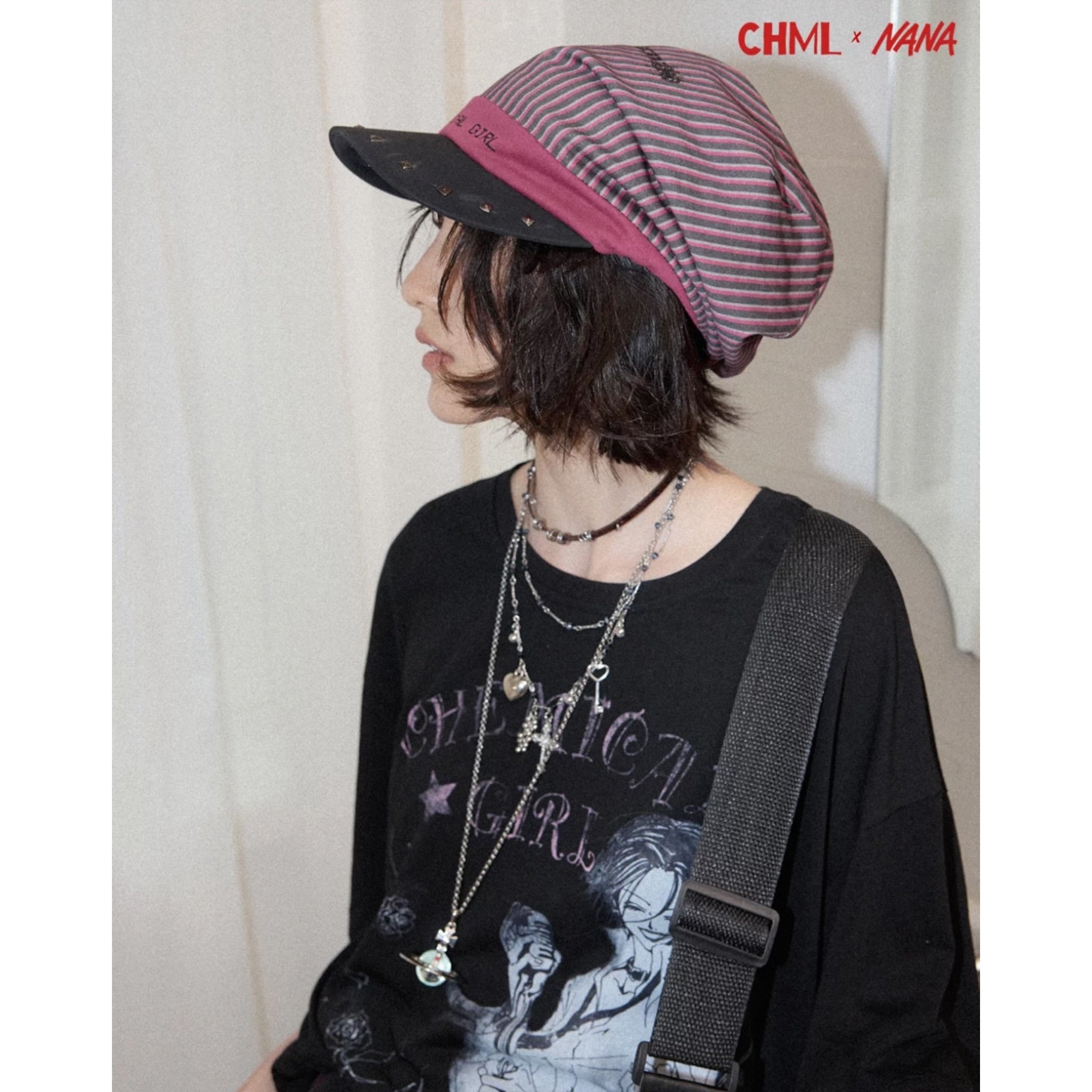 CHML×NANA聯名 堆堆帽 鴨舌帽 帽子 撞色細條紋 吉他印花 鉚釘