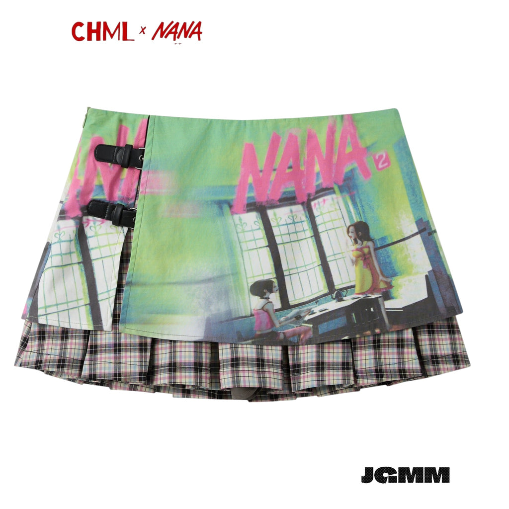 CHML×NANA聯名 格紋拼接皮帶 百褶短裙 彩色 半身裙