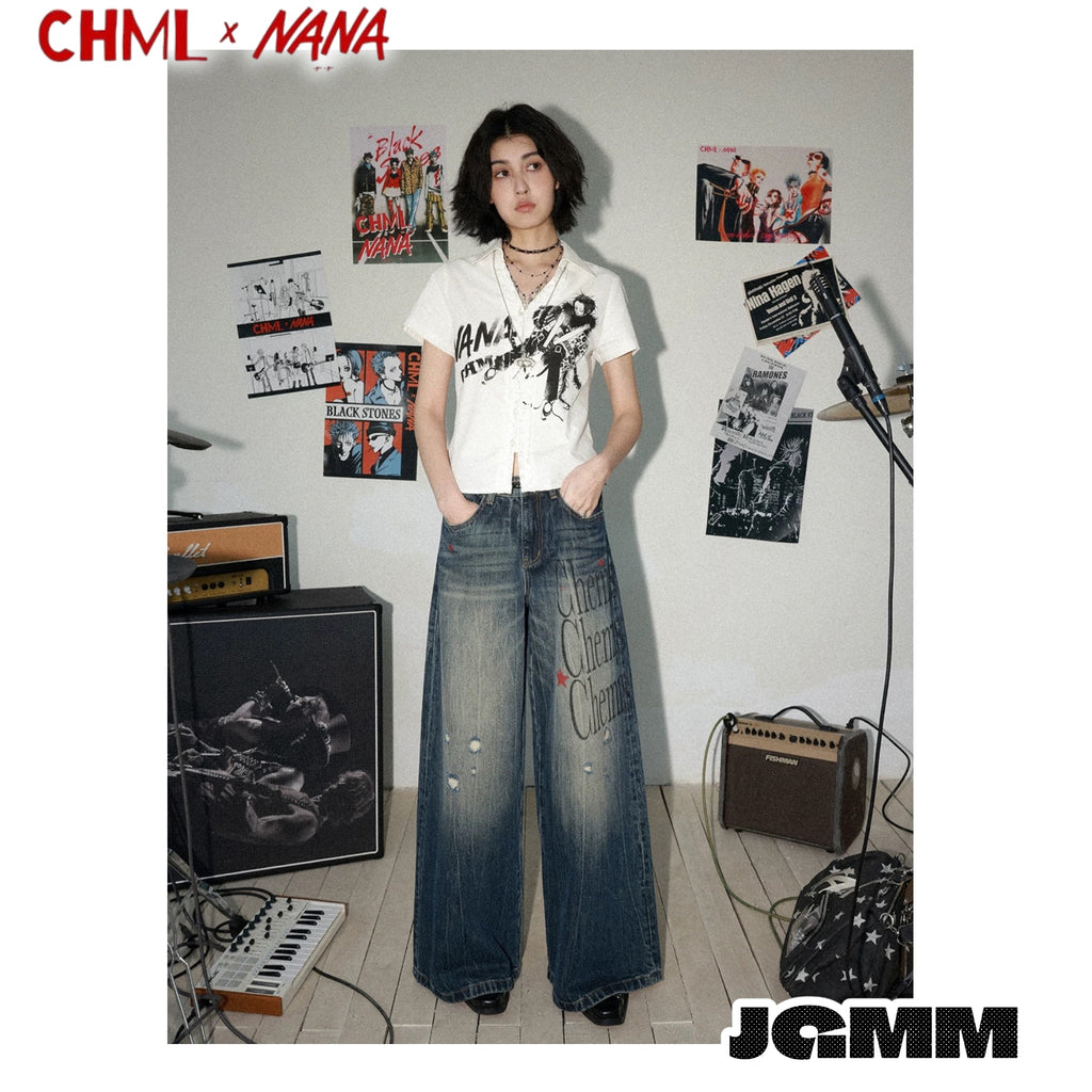 CHML ×NANA聯名 X4 擴腿褲 英文印花喇叭褲 鬆弛 牛仔褲