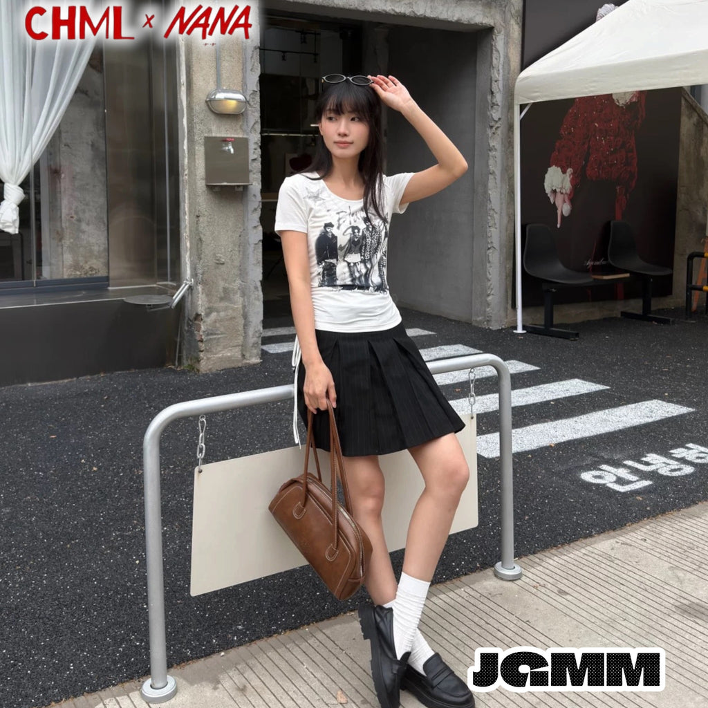 CHML×NANA聯名 第39話的樂隊成員印花 正肩 修身 抽繩 短款 T恤 短袖