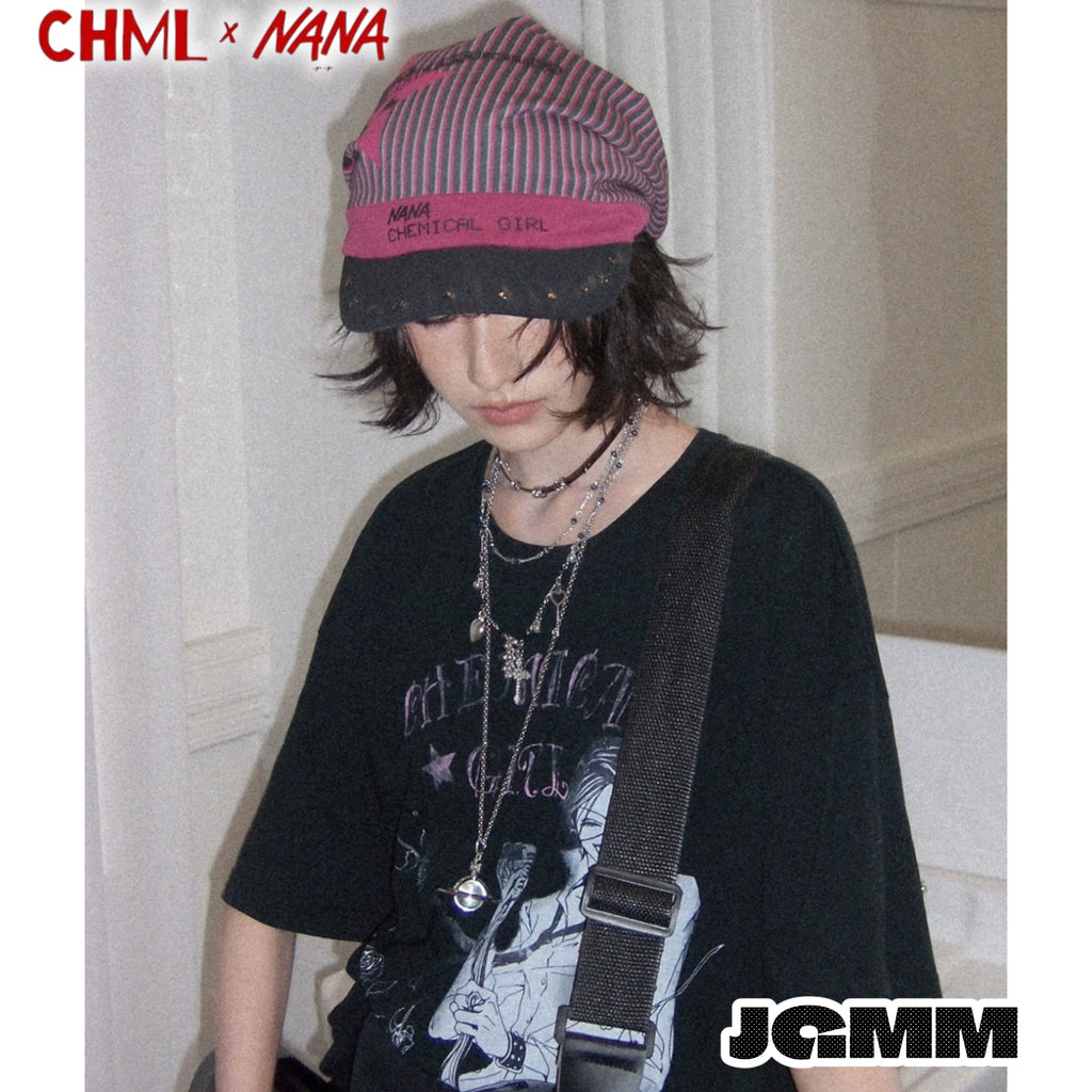 CHML×NANA聯名 堆堆帽 鴨舌帽 帽子 撞色細條紋 吉他印花 鉚釘