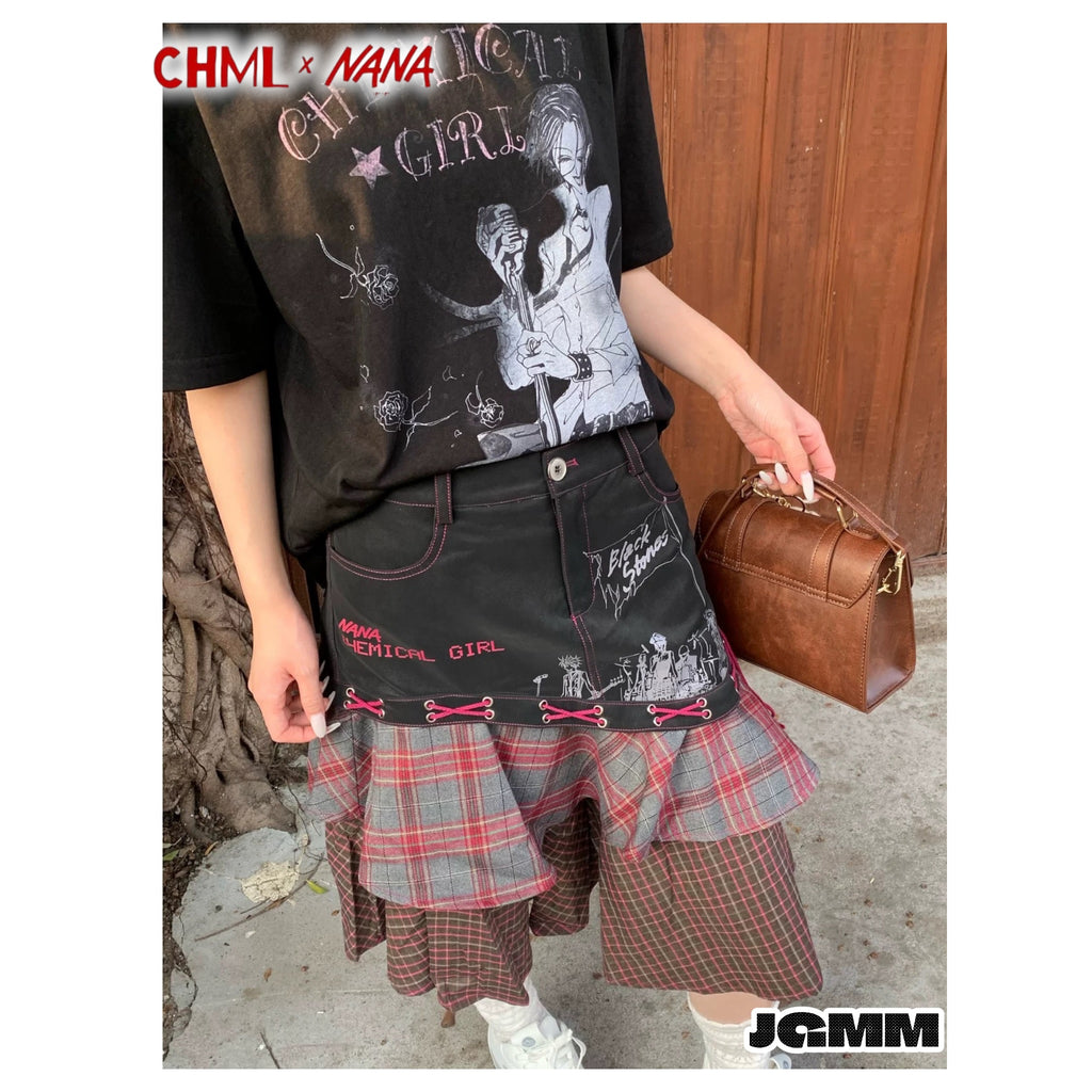 CHML×NANA聯名 格紋綁帶蛋糕裙 人物印花半身裙 女性