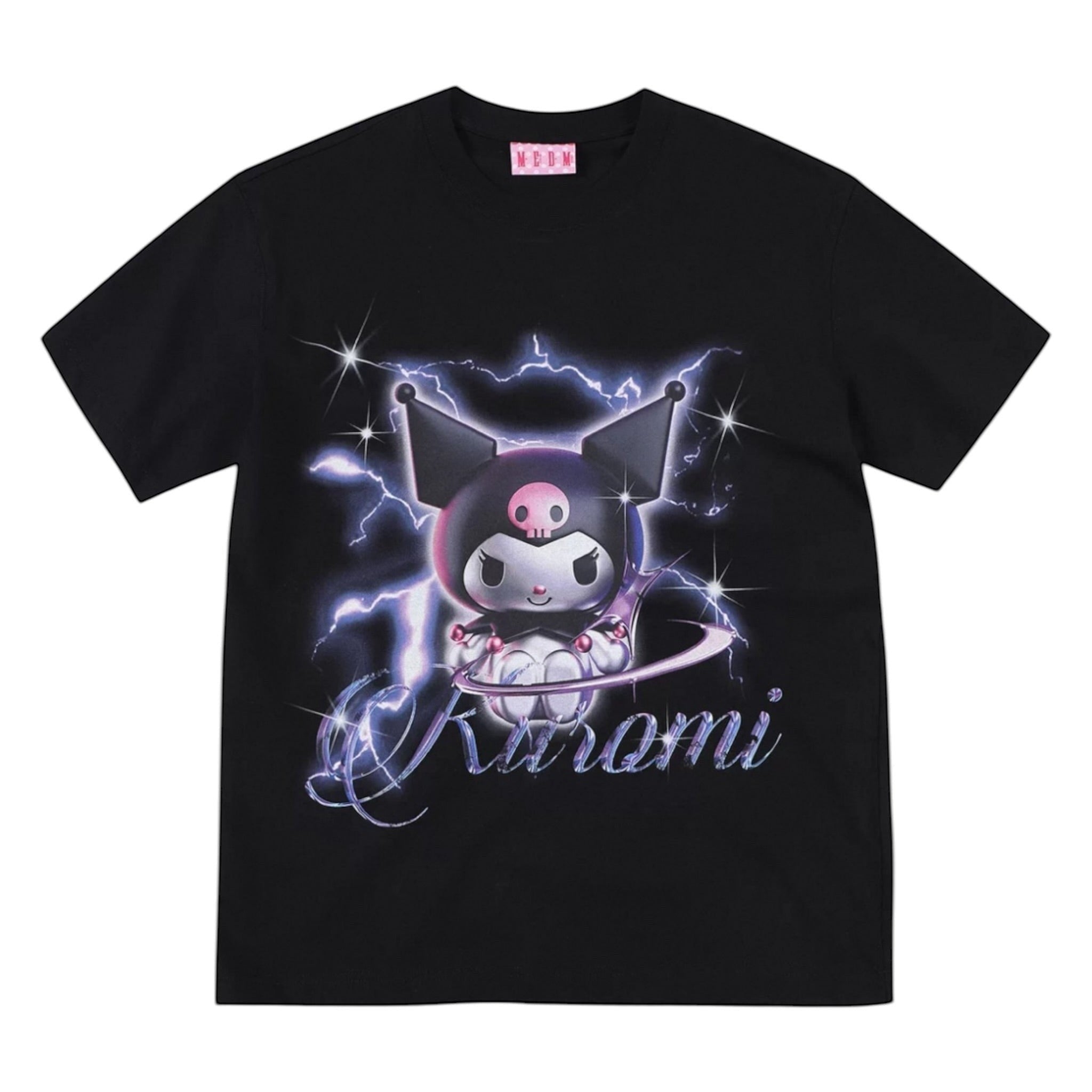 JGMM SELECT 黑色短袖 T 恤，印有庫洛米和閃電圖案，適合甜酷風格。